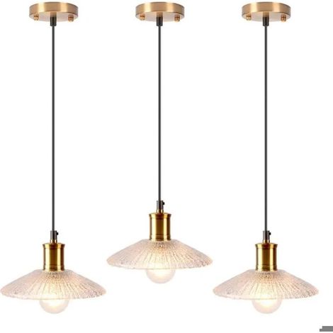3pcs Lustre Suspension Moderne en Verre,20cm Lampe de Plafond Industriel en Finition en Laiton Dor Abat-jour Design Chapeau (1/5)
