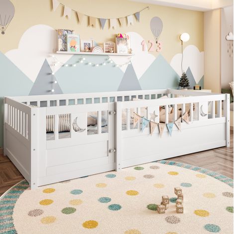 Lit enfant 90x190 avec barrière de sécurité, pin blanc HAVRYA