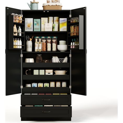 Armadio da cucina alto con 3 ripiani estraibili, 2 cassetti e doppie ante 80x38x180 cm (1/5)
