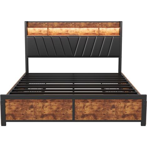 Bett Double 140x200 - Design Kopfteil - 4 Stauraum-Schubladen - Multicolore LED - USB-Anschluss