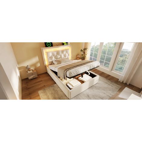Polsterbett 90x200cm Samt mit LED-Diamantband, USB & Type-C, hydraulischer Stauraum, Beige (1/5)