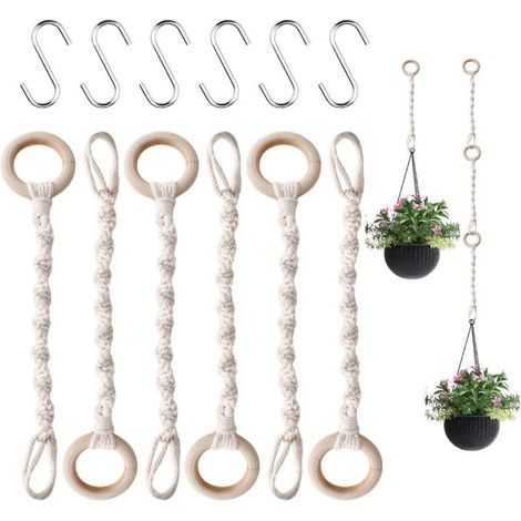 6 Pack Macrame Indoor Plant Hooks, Extended Plant Pot Holder with 6 Connecting Hooks, Removable Hanging String for Wall Plants, Indoor Outdoor Decor (1/5)