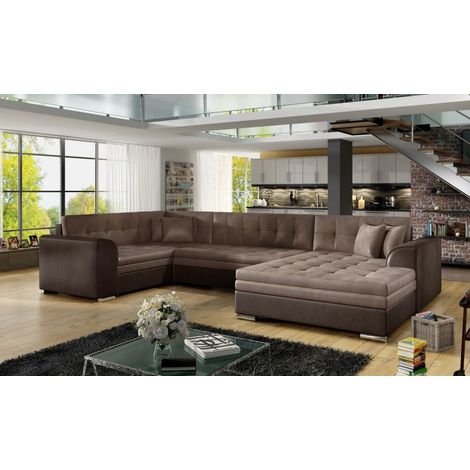 Les Tendances – Canapé d'angle convertible 5 places – Velours italien marron foncé/marron clair – Méridienne à droite – Surface de couchage 125x275 cm (1/5)