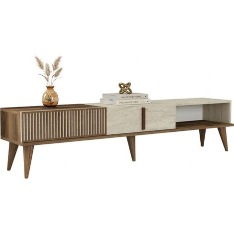 Mobile Porta tv Sicoli, 2 Ante, Apertura a Ribalta, 3 Vani, 180x35x40h cm Beige Marmo