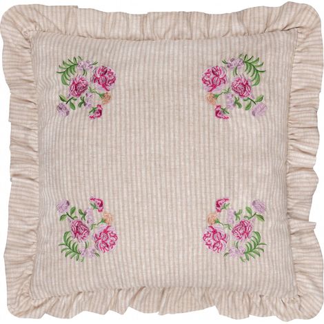Coussin Garni De Polyester Cottage Champêtre Floral Brodé Rayé Oreiller Décoratif Rose 50x50cm (1/5)