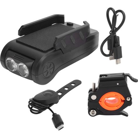Phare avant vélo multifonction avec support téléphone, klaxon, batterie externe 4000mAh et recharge USB - Noir (1/5)