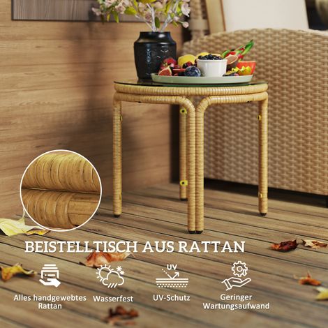 Table d'appoint ronde en rotin synthétique avec plateau en verre, table de nuit Ø50 cm, couleur jaune