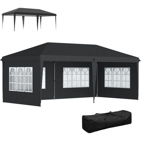 Pavillon ca. 3x6m Wasserdicht Pop-up Faltpavillon mit 4 Seitenwänden, Fenster UV-Schutz Tragetasche Schwarz