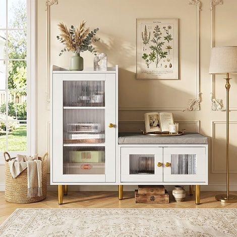 Meuble à Chaussures avec Banc Rembourré 100x35x90cm Rangement Entrée Style Moderne Armoire à Chaussures Portes en Verre Cannelé Étagères Réglables - Blanc (1/5)