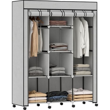 Armoire penderie multi-rangement - 8 étagères, 2 barres - non tissé gris (1/5)