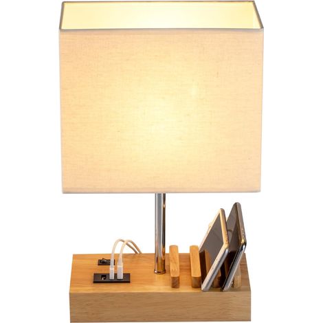 Dreamholder Lampe de table avec 3 ports USB A+C, 3 supports de téléphone, lampe de chevet USB moderne pour chambre à coucher, salon, bureau, lampe de chevet avec base en bois naturel et abat-jour en