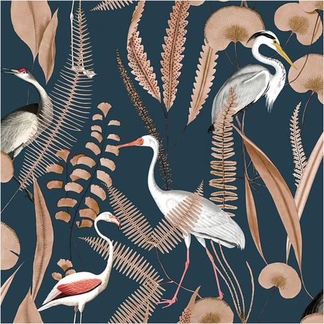 Elegant Cranes Wallpaper Paste The Wall Ugepa Navy Beige Birds Leaves (1/4)