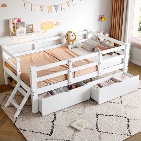 Lit enfant 90/200 cm blanc avec barrière de sécurité et 2 tiroirs (1/5)