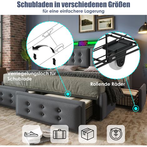 Lit Polsterbett 180x200 Gris avec Tête de Lit LED, Charge USB-C, 4 Tiroirs Rangement, Cadre en Métal et Bois, Sommier à Lattes, Capacité 300kg, Tissu Coton, Sans Matelas (1/5)