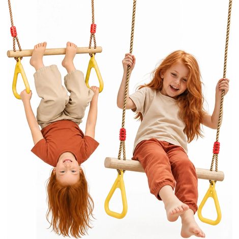 Goodevas Trapezstange mit Turnringen für Kinder – Holz-Schaukel, massive Kiefer, höhenverstellbar 110–198 cm, In- & Outdoor (1/5)