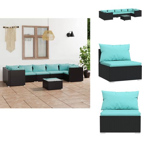 The Living Store Salon de jardin 8 pcs avec coussins Résine tressée Noir - Canapé d'angle (1/5)