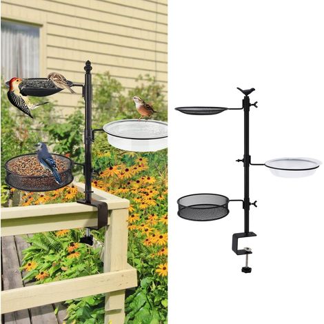 Comedero para pájaros para barandilla de balcón con 3 bandejas extraíbles y bebedero – estructura de metal y plástico – ajustable para barandillas de 1,2 a 7 cm – juego de 11 piezas