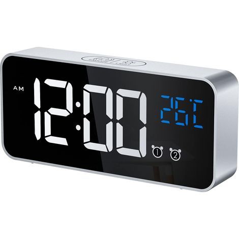 Digital Alarm Clock, LED Digital Clock with Temperature Display/Snooze/ 2 Alarms/12/24 Hour Time/USB Charging Port/16 Melodies (Silver) (1/5)