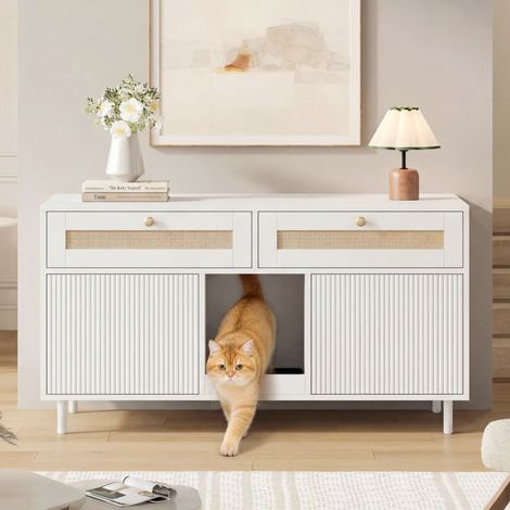 Mobile Lettiera per Gatti 120x50x65 cm con Tappetino Raccogli Sabbia e Cassetto Stile Moderno Bianco