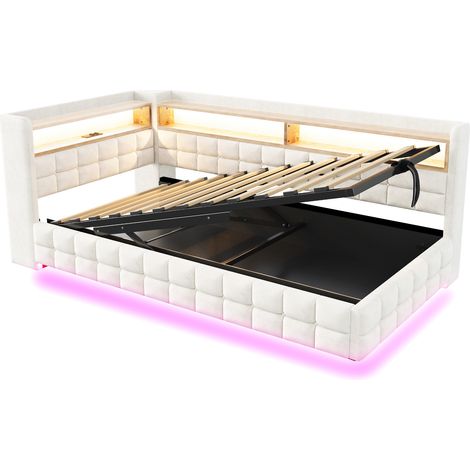 Cama tapizada multifuncional 90 x 200 cm, canapé hidráulico, LED, enchufes, beige (1/5)