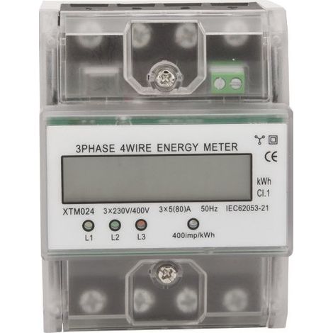 Compteur d'energie triphase a 4 fils 220/380V 5-80A Consommation d'energie kWh Compteur Installation sur rail DIN Compteur electrique numerique avec ecran LCD retro-eclaire, modele: Transparent (1/3)