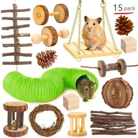SPIELZEUGSET – 15-teiliges Kauspielzeug aus Naturholz für Hamster und Meerschweinchen, inklusive Spieltunnel für Backenzähne (1/5)