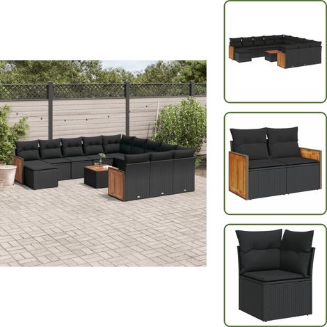 The Living Store Salon de jardin avec coussins 13 pcs noir résine tressée - Ensemble Salon Jardin - Meuble Extérieur - Mobilier De Jardin - Chaise Lounge - Set Salon
