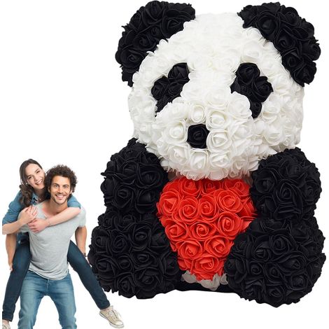 Panda - Fleurs artificielles Panda avec Coeur/Noeud Papillon - Panda Faite à la Main pour Les Anniversaires de la Saint-Valentin, Les douches nuptiales, la fête des mères (1/5)