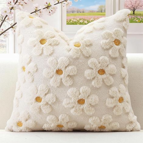 Lot de 1 Doux Peluche Laine Courte Velours Décoratif Housses de Coussin pour Printemps été Luxe Style pour Canapé Chambre - Fleurs Crème Beige, 40 x 40 cm (1/5)