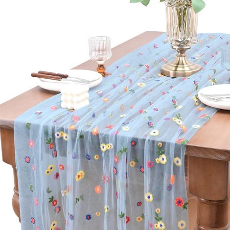 Nappe brodée de marguerites bleu poudré - Nappe florale transparente pour la décoration saisonnière et festive, idéale pour la table de la cuisine et de la salle à manger. (1/5)