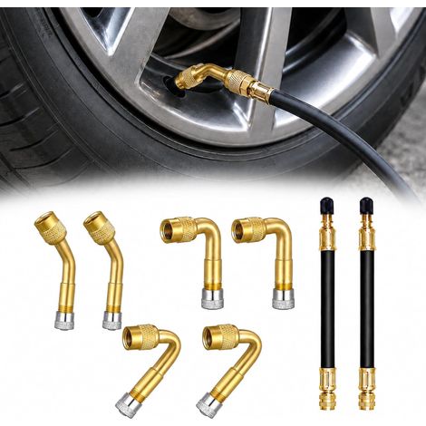 Rallonge Valve Pneu 8 Pièces, Extension Valve Pneu Coudée 45° 90° 135° avec 2 Flexibles 180 mm, Adaptateur de Valve Schrader en Laiton Anti-Fuite pour Voiture Moto Vélo Camion Camping-Car (1/5)