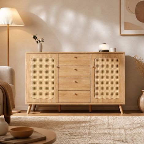 Credenza 140x40x86 cm, con 4 cassetti e 2 ante, ripiani regolabili, effetto rattan, legno, colore rovere chiaro (1/5)