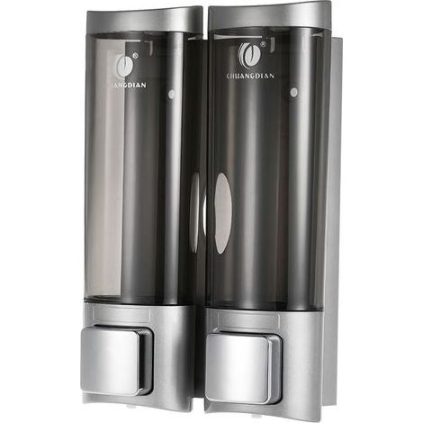 Distributeur de Savon Mural, Distributeur de Gel Douche, Distributeur de Savon de Douche sans Perçage, Distributeur de Savon Manuel, Deux Méthodes d'Installatio, ABS (2 x 200 ML) (Argent) (1/5)