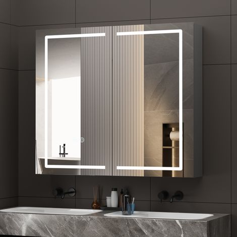 Armoire de Toilette Miroir LED 80x70 cm - Prise + USB - Coloris Gris - [Prête à Installer] - Anti-buée & Tactile - Structure Déjà Assemblée - AquaWise