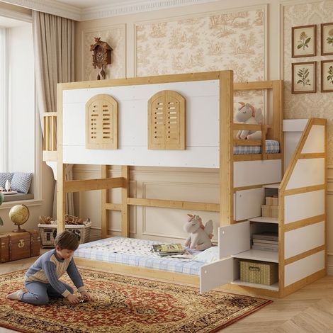 Hochbett Kinderbett mit Treppenschrank und Spielfläche unten, 90x200 cm, Massivholz Kiefer, mit hoher Absturzsicherung, Weiß und Natur (1/5)