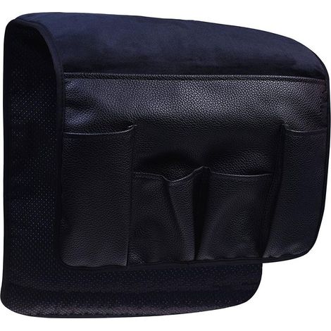Organisateur de canapé en velours noir avec porte-clés intégré pour télécommande, téléphone portable, livre, magazines et crayon.