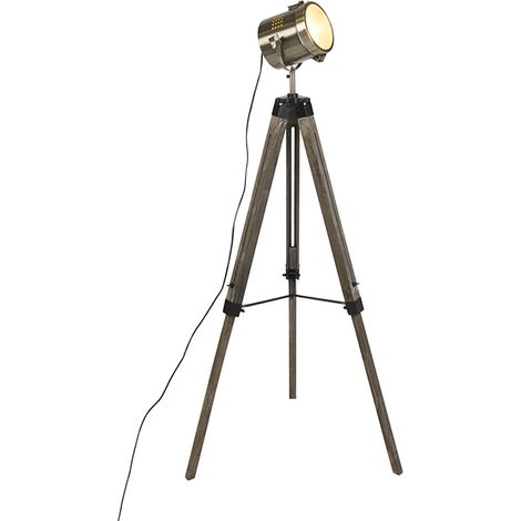Industrial Tripod Floor Lamp Wood with Studio Spotlight - Braha