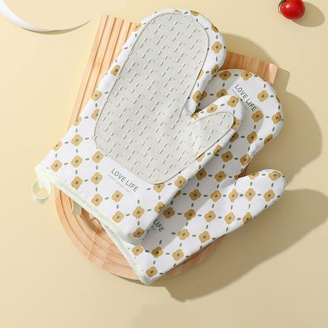 Gants de Four, Lot de 2 Gant de Cuisine Double Couche en Silicone et Coton,Cuire, Griller - Blanc (1/5)