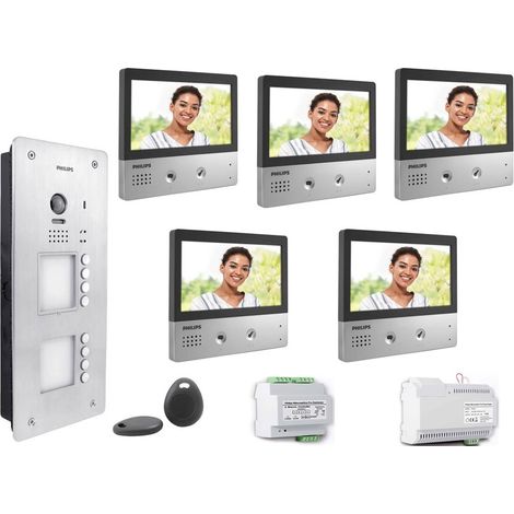 KIT VIDEOCITOFONO 5 FAMIGLIE PHILIPS 2 FILI A COLORI VIVAVOCE 7 POLLICI