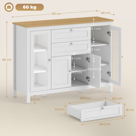 Meuble de cuisine avec 2 tiroirs et 3 étagères de rangement, portes vitrées et étagères réglables, 120x40x90cm, blanc et chêne. (1/5)