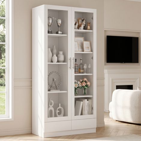Vitrine d’exposition 80x40x160 cm avec 2 portes en verre trempé, 9 compartiments décalés, 2 tiroirs push-to-open, anti-basculement, blanc (1/5)