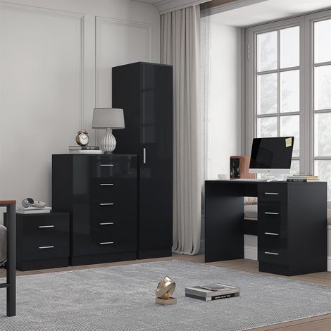 Reflect 1 Door Plain Wardrobe, 5 Drawer Chest, 2 Drawer Bedside & Desk - Black Gloss & Black Oak - Bedroom Furniture Set