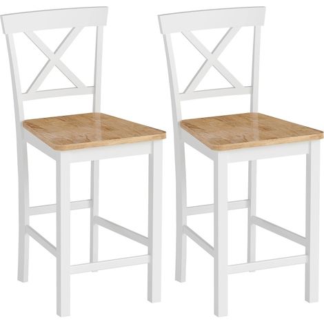 Set de 2 tabourets de bar en bois de caoutchouc avec dossier et repose-pieds, finition chêne naturel et blanc (1/5)