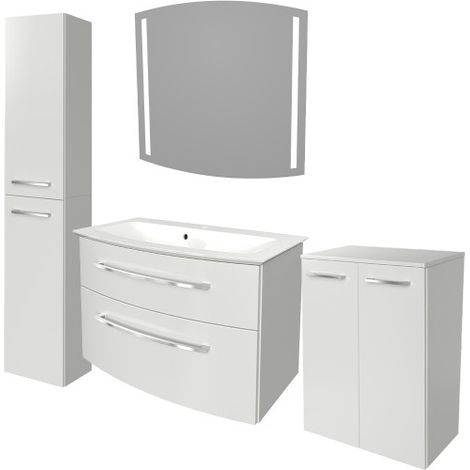 Fackelmann B.STYLE Badmöbel Set mit Waschbecken mit Unterschrank 80 cm breit – LED-Spiegel – Doppel-Midischrank und schmaler Hochschrank in Weiß – Badspiegel mit Beleuchtung"-"90205145 (1/5)