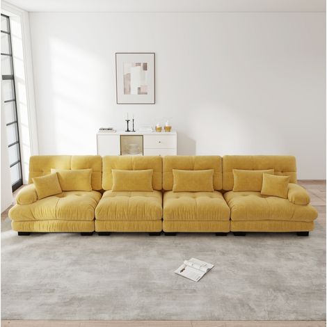 Canapé d’angle modulaire 406x77x81 cm jaune en chenille avec assise profonde (1/5)