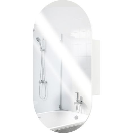 Moderner ovaler Badezimmerspiegel mit Schrank und zwei Ablagen, 45 x 90 cm, Weiß