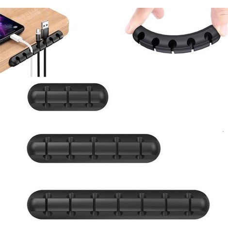 Lot de 3 supports de câbles auto-adhésifs pour bureau (3/5/7 trous). Organiseurs de câbles faciles à installer, à poser sur un bureau, une table de chevet ou au bureau. Couleur : noir. (1/5)