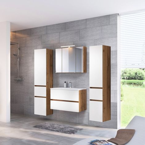 Badezimmer Programm LOUROSA-03 in Wotaneiche Nb. mit matt weiß inkl. LED-Aufbauleuchte, Mineralgussbecken, B/H/T: ca. 200/200/47 cm (1/5)