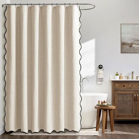 Rideau de Douche en Lin Texturé Ondulé 180x200 cm Beige, Luxe Rideau de Douche Imperméable, Anti-Moisissure Tissu Lavable Rideaux de Bain pour Salle de Bain avec 12 Crochets Métalliques. (1/5)