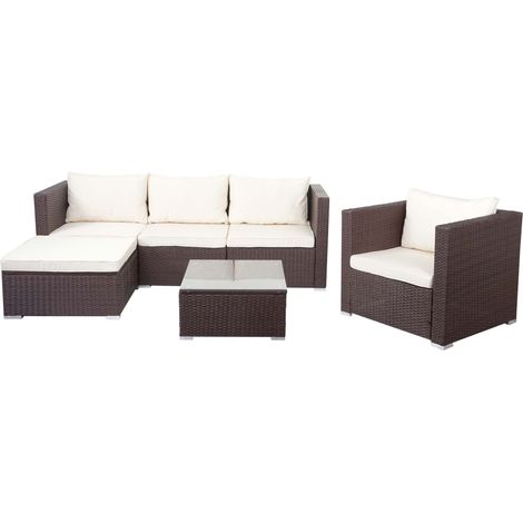 Poly-Rattan-Garnitur Busto, Gartengarnitur Sitzgruppe Sofa Lounge-Set braun, Kissen creme